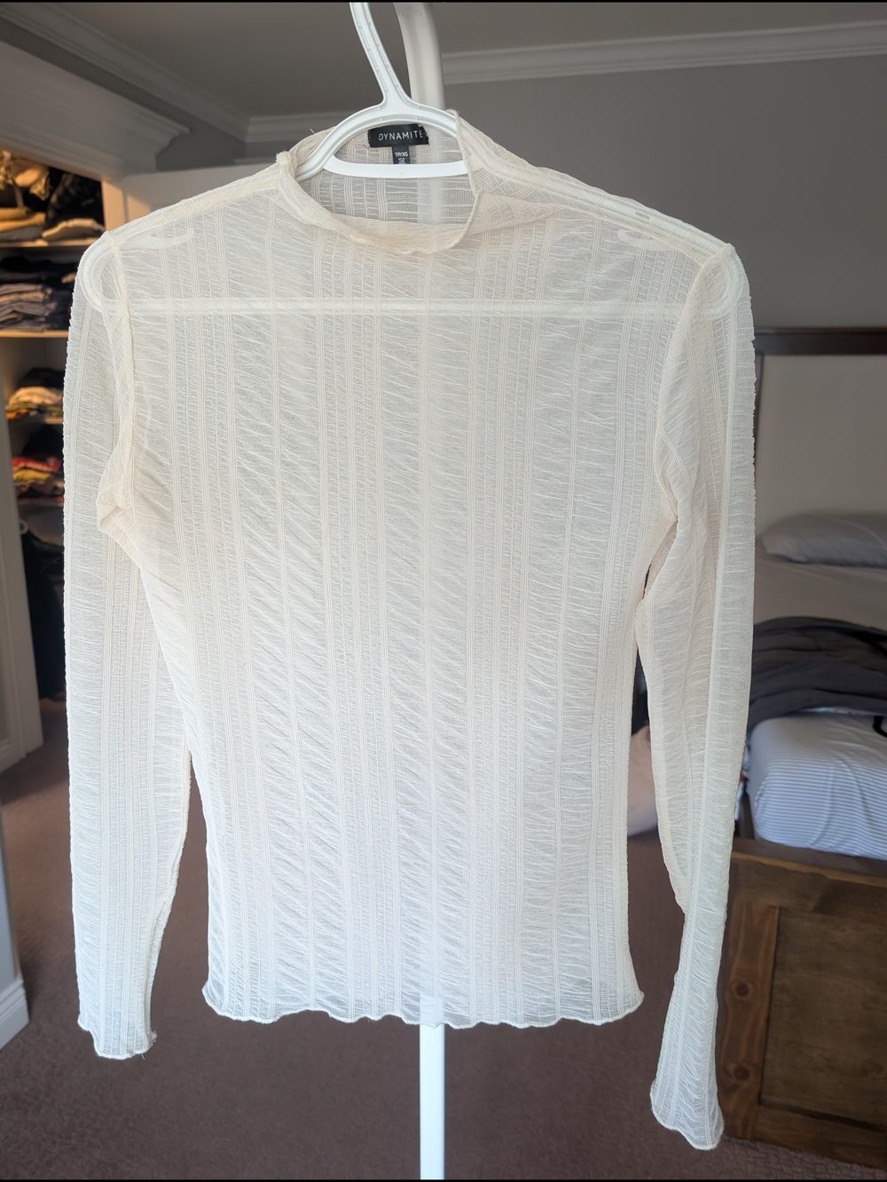 Dynamite Sheer Ribbed Cream Long-Sleeve Top